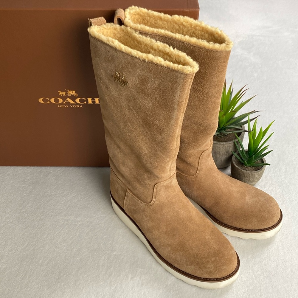Coach Vitoria Suede Faux Curly Shearling Mid Calf Boots | Camel/Natural - Picture 3 of 15